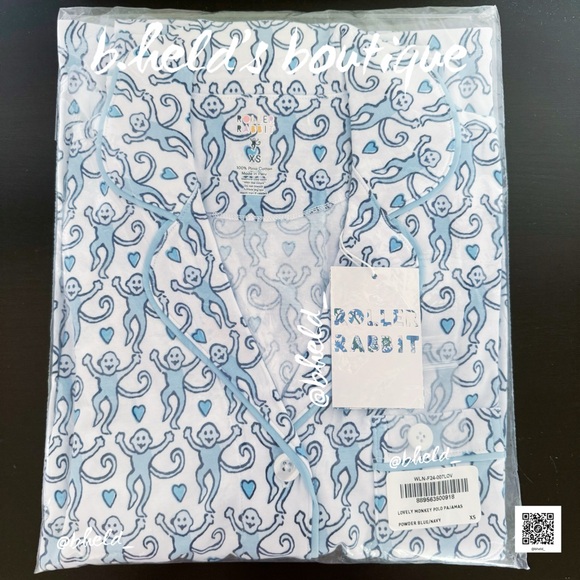 Roller Rabbit Lovely Monkey Polo Pajamas in Powder Blue/Navy Sz XS Brand New NWT - Picture 13 of 14